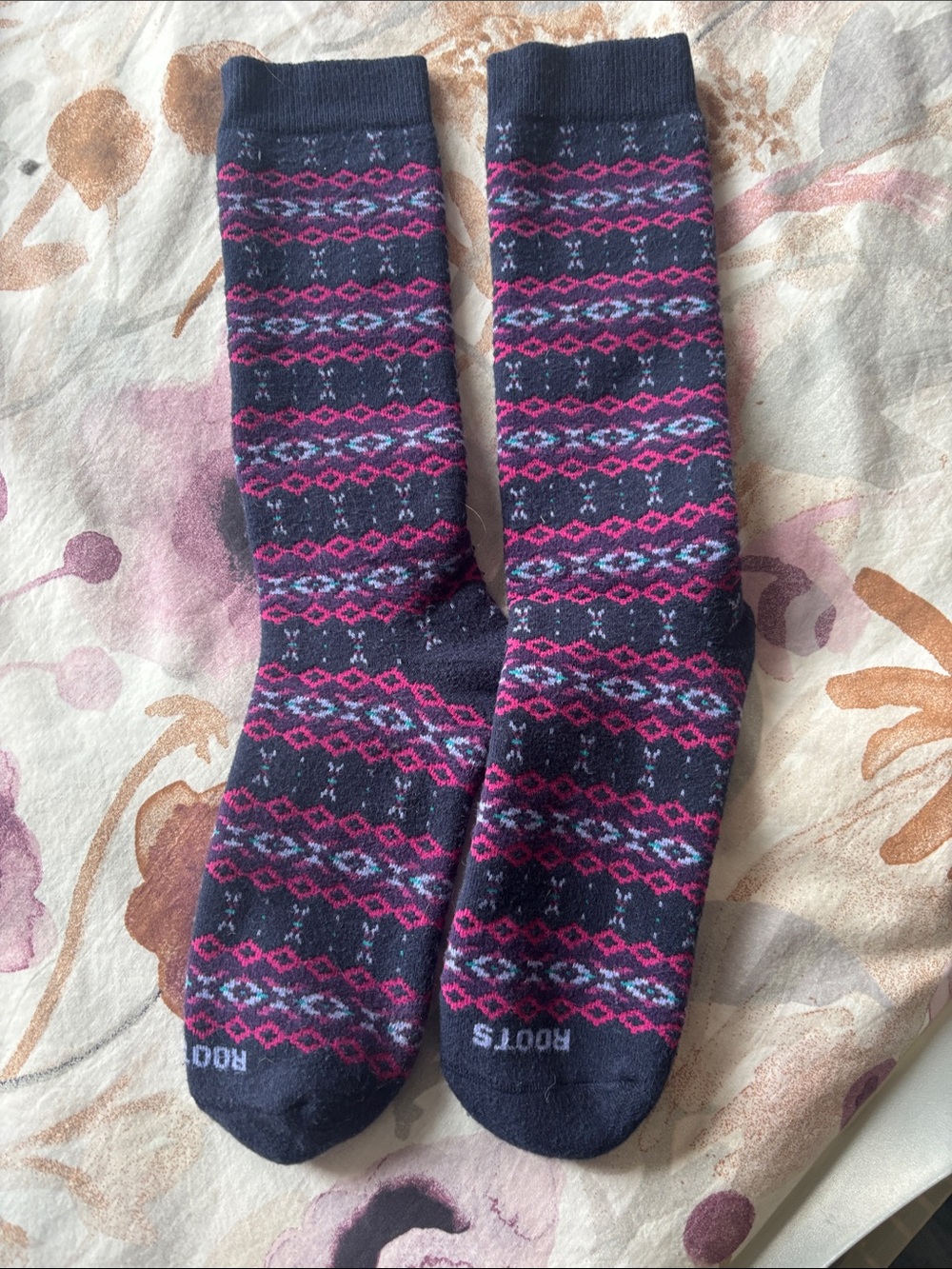 Roots Navy Crew Socks with Pink and Light Blue Fair Isle Pattern